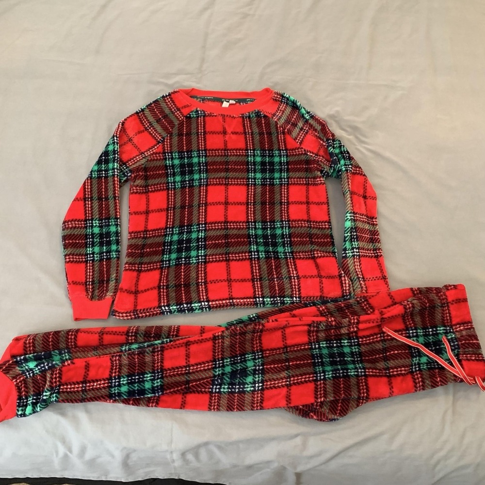 Joyspun Pajama Set Youth Medium 8-10 Red Plaid Fleece Long Sleeve Pants Winter